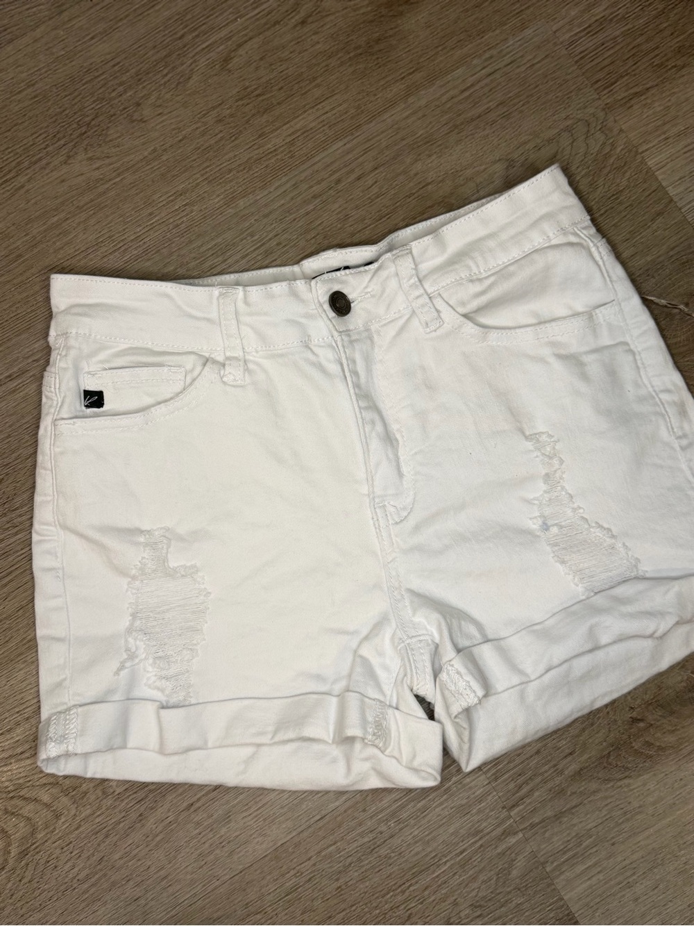 KanCan White Rolled-Hem Distressed Denim Shorts